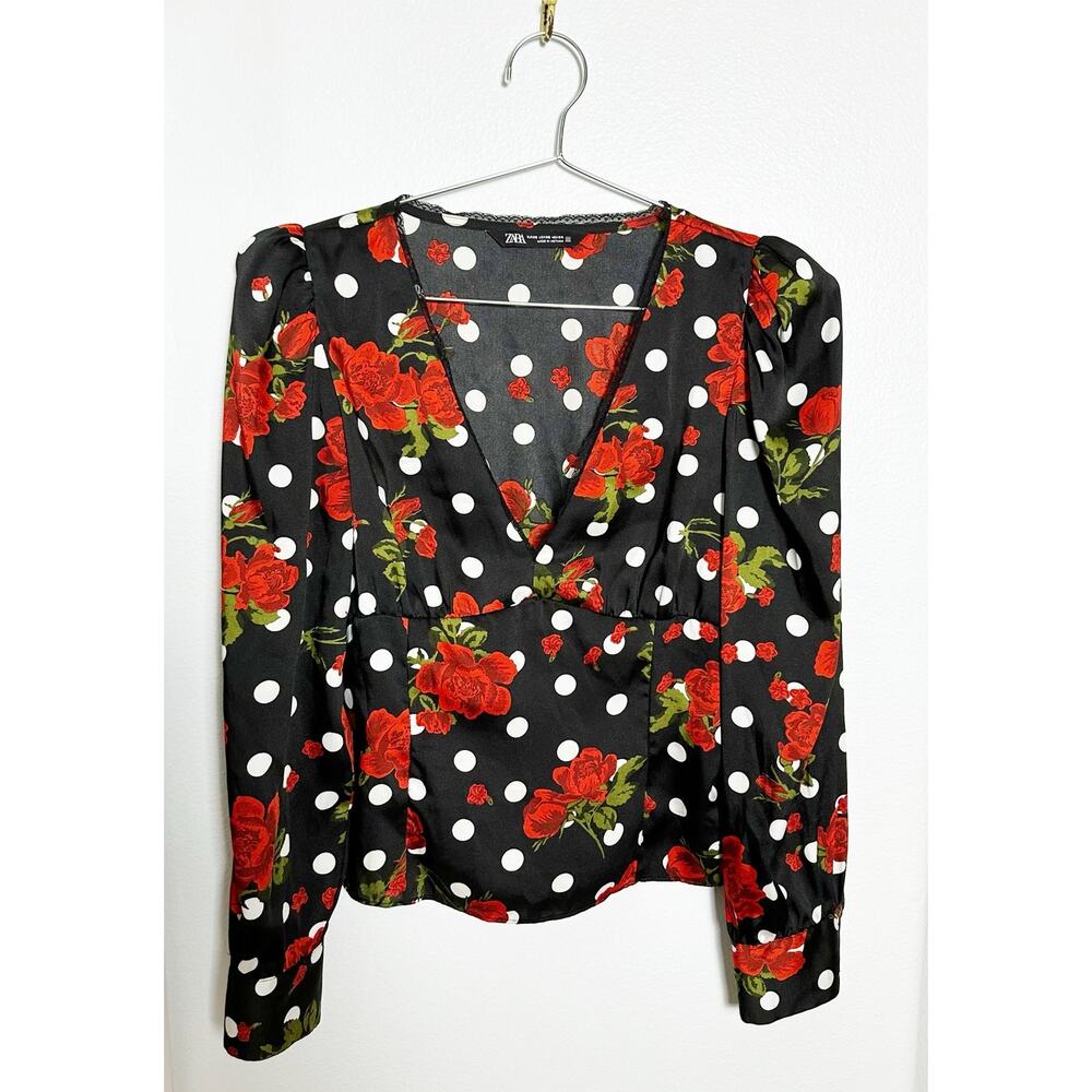 Zara Rose Black Polka Dot Satin Flowy Top Blouse sz XS
